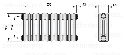Схема (чертеж) Радиатор Zehnder Charleston 3030/12 №1270 Белый глянцевый RAL 9016